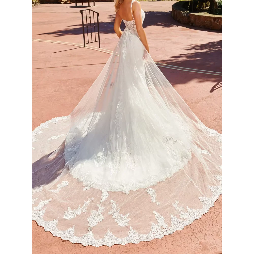 

Lace Mermaid Wedding Dresses with Detachable Long Train Bridal Gowns Sexy Back Summer Court Train Wedding Dresses