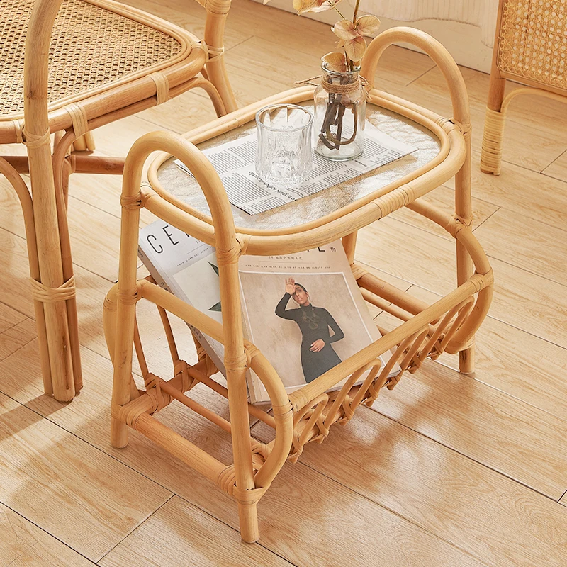Rattan storage small coffee table double glass corner table simple homestay Japanese side table mini magazine rack