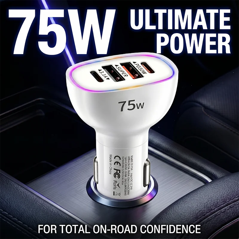 4-Port 75W Car Charger Fast Charging Type C PD 30W Auto Adapter with Ambient LED Light Bilateral Metal Contacts For Tablets