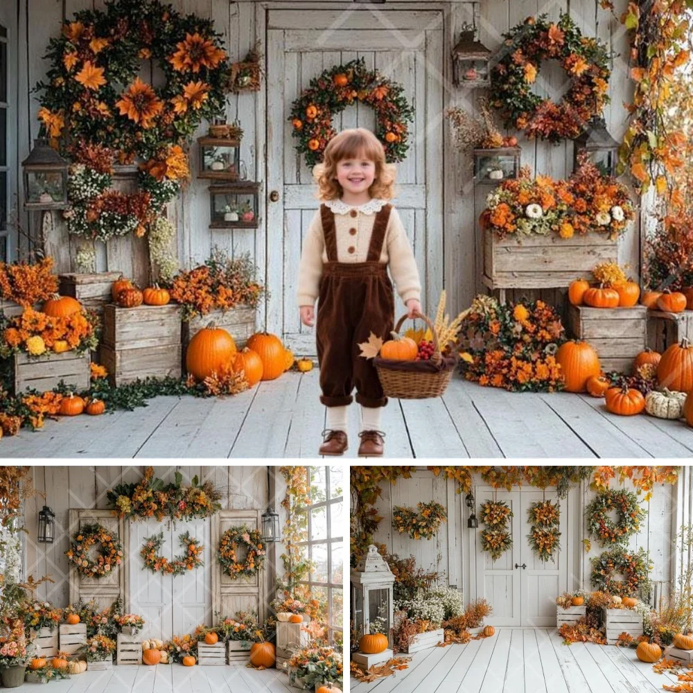 

Rustic Autumn Porch Fall Pumpkin Photography Background Lantern Floral Kids Family Portrait Decor Backdrop Photo Studio Props