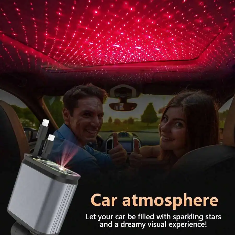 

Car Starry Sky Projector With 4-In-1 Fast Charger Dual Retractable Cables Ambient Lighting For iPhone Android