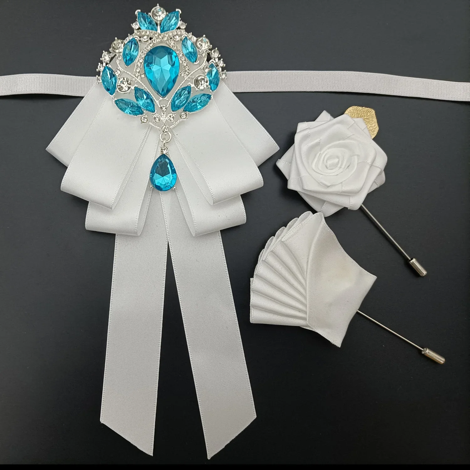 Hochzeit Fliege Brosche Set Mode Herren Kleid Anzug Hemd Zubehör Luxus Strass Kragen Blumen Corsage Tasche Handtuch Sets – Detail 10