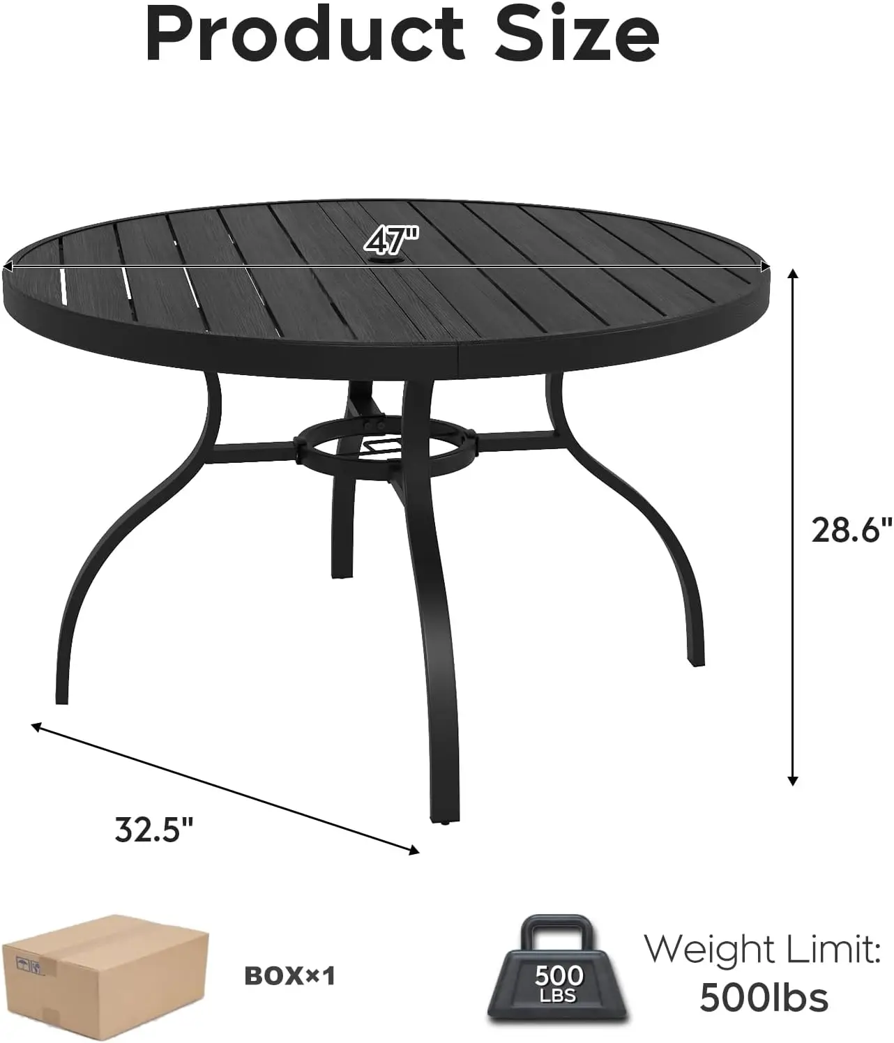 Outdoor Round Dining Table, Patio Center Table With Umbrella Hole For Backyard Lawn Garden Porch Poolside, All Weather Metal Furniture, Modern Rustic Style, Black, One Piece