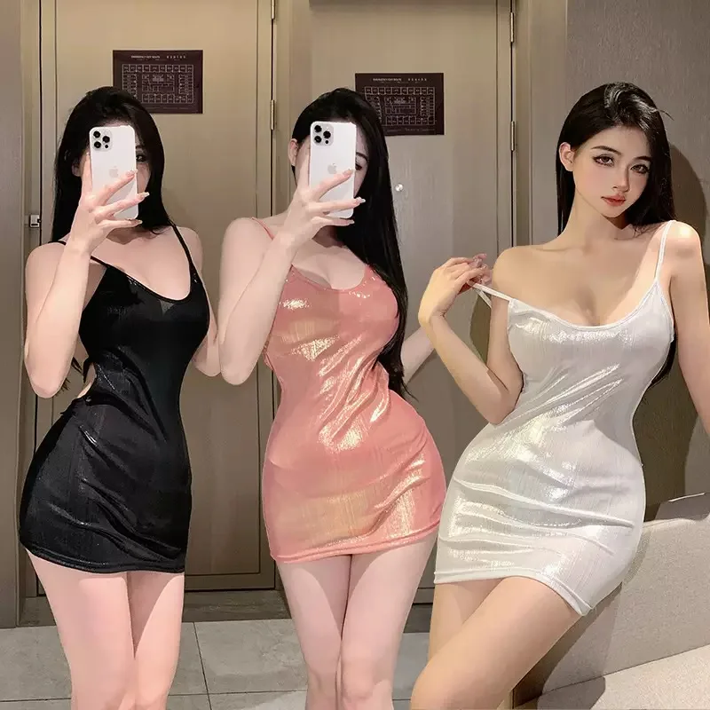 

Women Glitter Sexy Dress Sleeveless Halter Backless Low Cut Split Short Dress See Through Party Club Sexy Dresses Female Summer