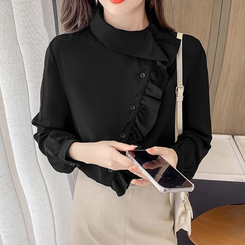 Women Trendy Ruffles Asymmetrical Design Button Up Shirt Spring Autumn Casual Long Sleeve Blouse Solid Chic Slim Tops Y2K Blusas