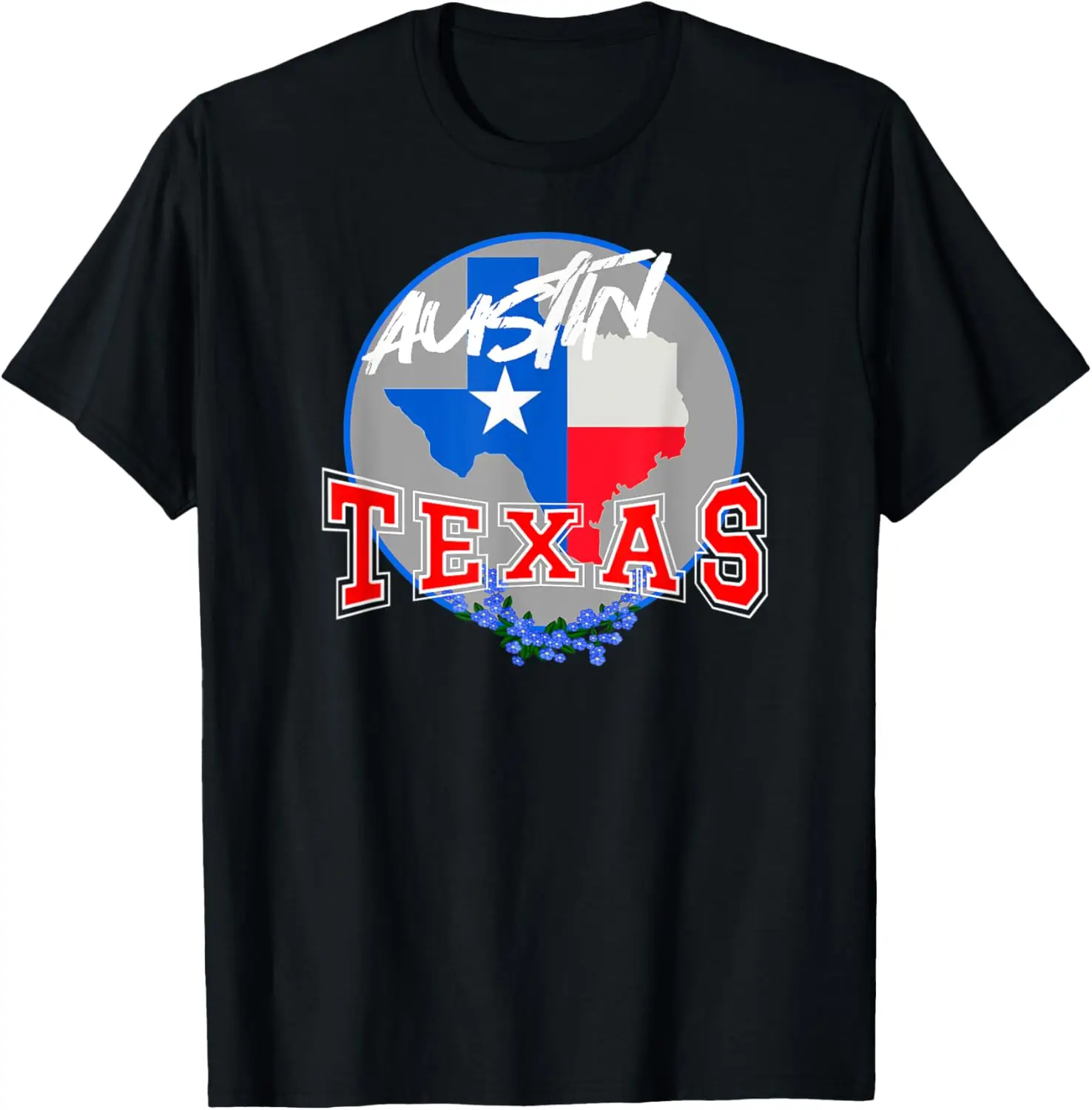 

Austin Texas Design in Red, White, & Blue Bonnet Flower T-Shirt