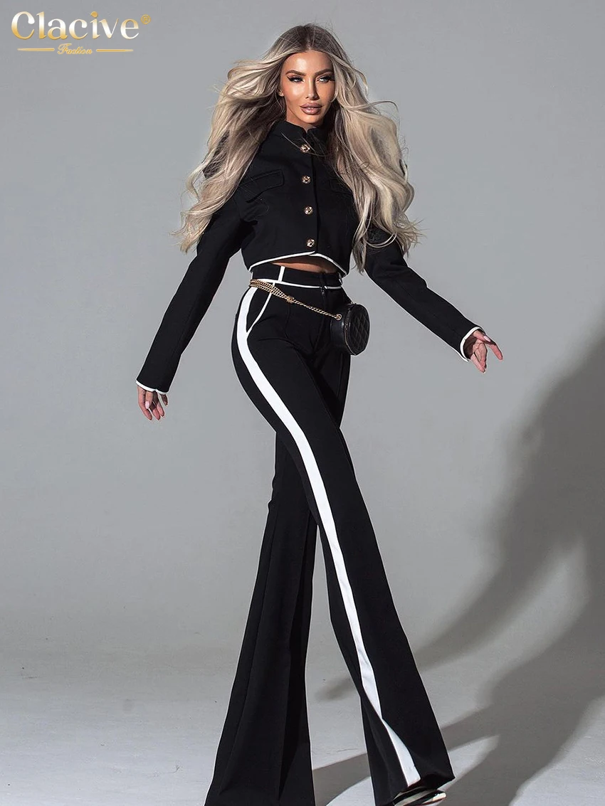 Clacive Sexy Slim Black 2 Piece Set Women Outfit 2024 Fashion Long Sleeve Crop Shirt With High Waist Wide Party Pants Set Female