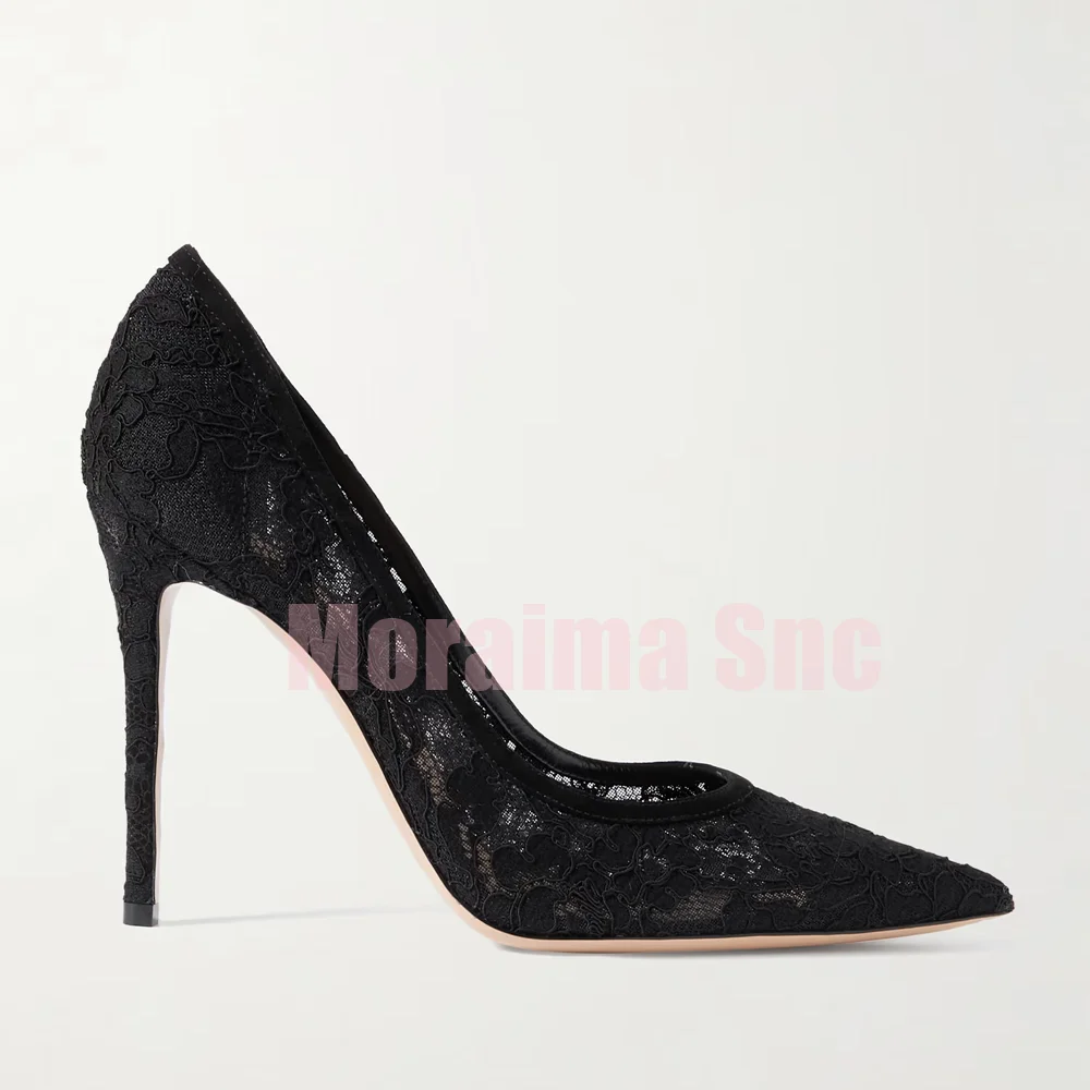 Sexy Floral Lace Pointed Toe Shallow Pumps Slip On Stiletto High Heels Fashion Women's Summer Shoes Banquet Party Concise Style