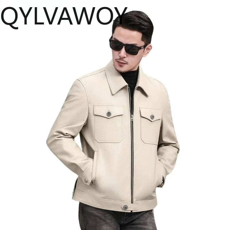 QYLVAWOY High-end Genuine Leather Jacket Men Autumn Winter 2026 Lapel Collar Casual Suede Goatskin Real Leather Coat Jaquetas