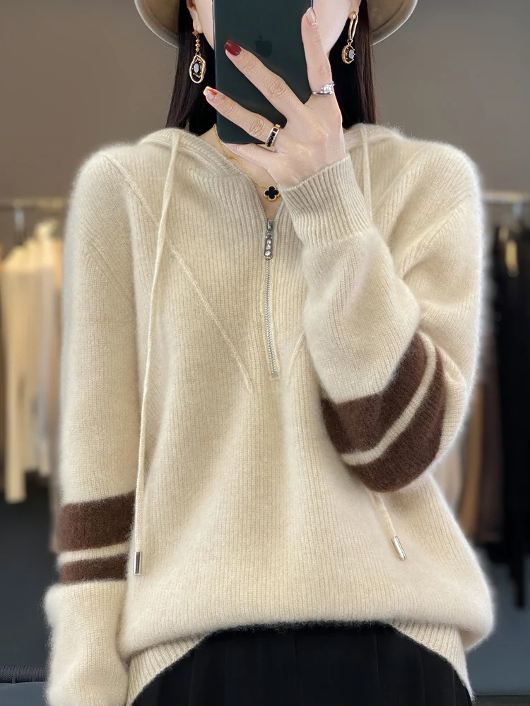 Autumn and Winter New 100% Wool Knitted Color blocked Half Zipper Women\'s Fashion Thickened Versatile Wool Sweater