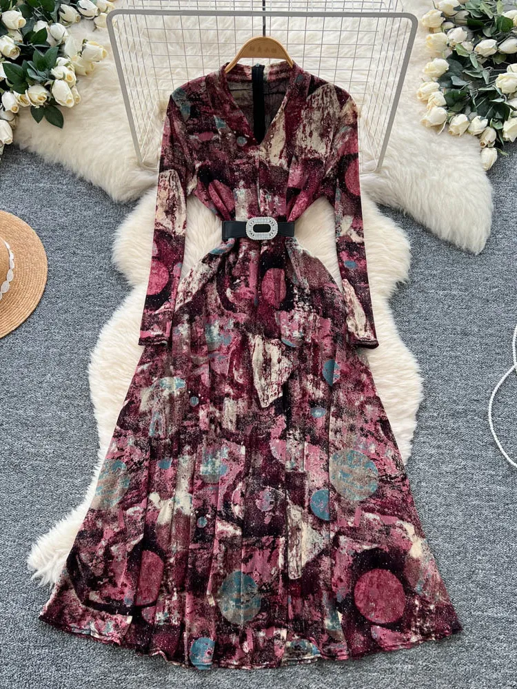 Ele V-ne con cintura lunga Sve stampa floreale Dr Gonna lunga drappeggiata dimagrante da donna Gonna a trapezio a vita alta in fibra di poliestere