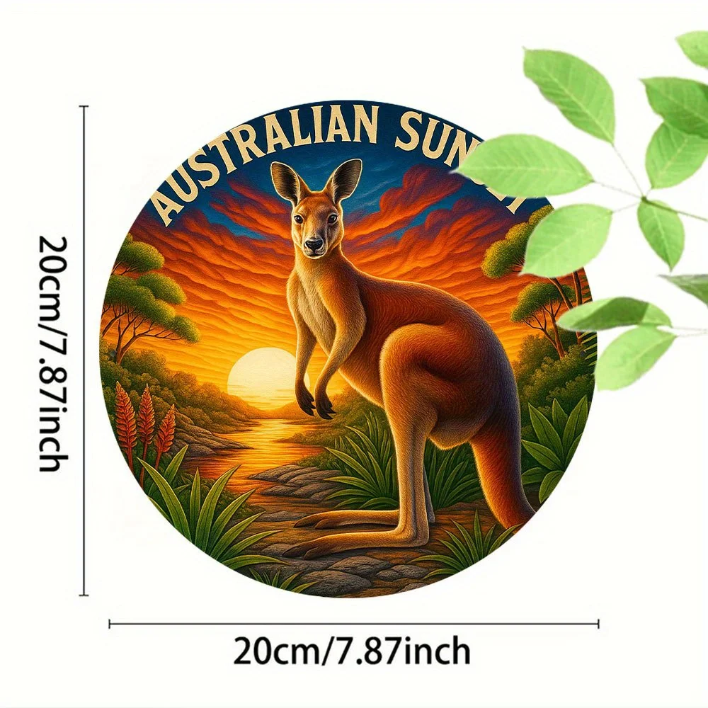 2D Flat, 1pc Vintage Australian Sunset Kangaroo & Eucalyptus Metal Wall Art - Round Aluminum Sign with Vibrant Colors, Durable R