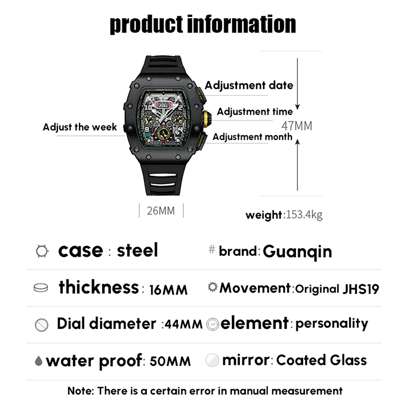 GUANQIN 44M Mechanical Automatic Winding Watch 361L Stainless Steel Mens Watch Business Week Day Month Display Relogio Masculino