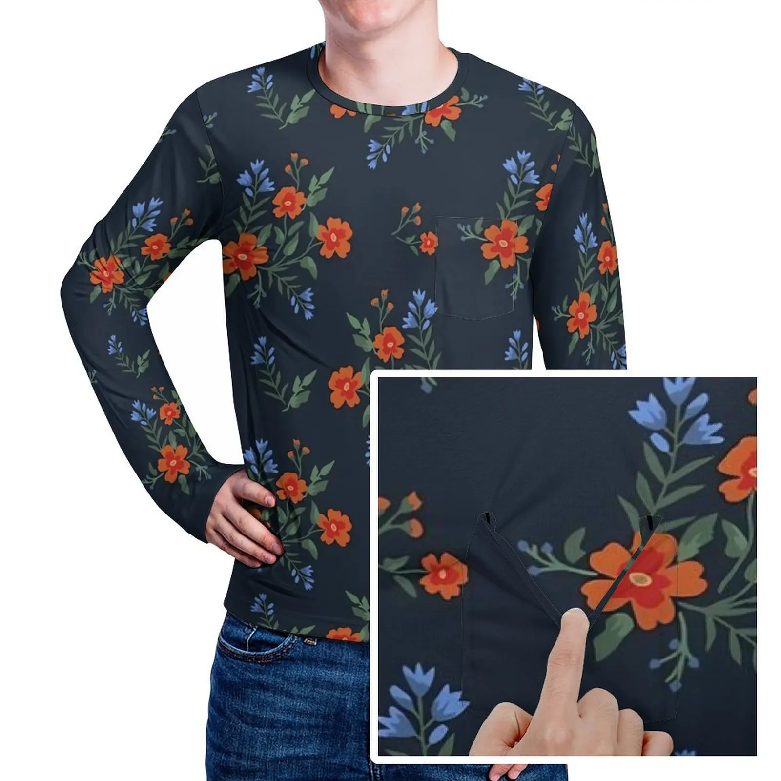 Ditsy Floral T Shirt Red Flowers Print Cool T-Shirts With Pocket Long Sleeve Design Tshirt Autumn Streetwear Oversized Tees