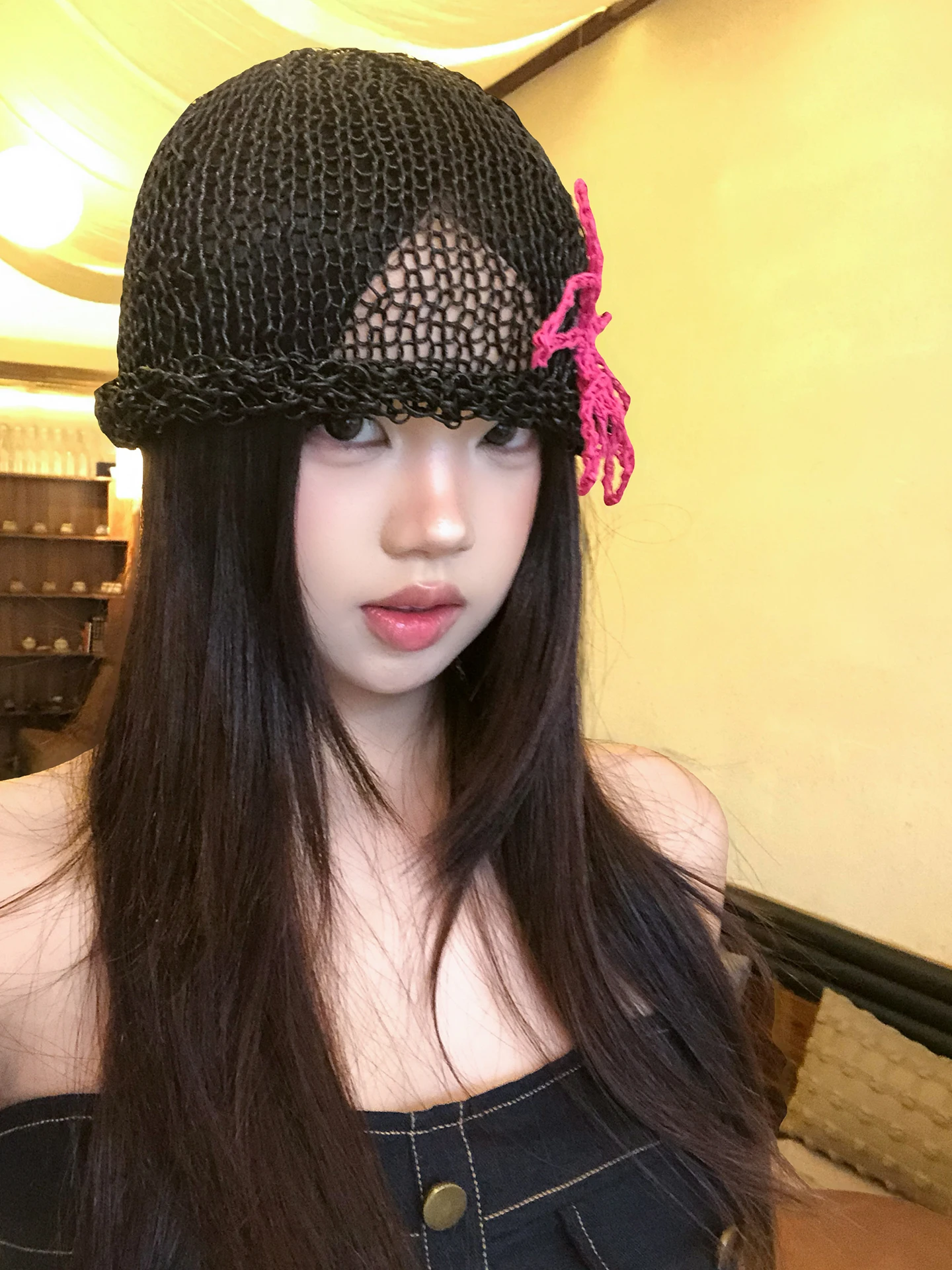 Hand Knitted Flower Hollow out Summer Thin Breathable Women's T-Shirt Style Hat Face Slimming Fashionable Overhead Cap
