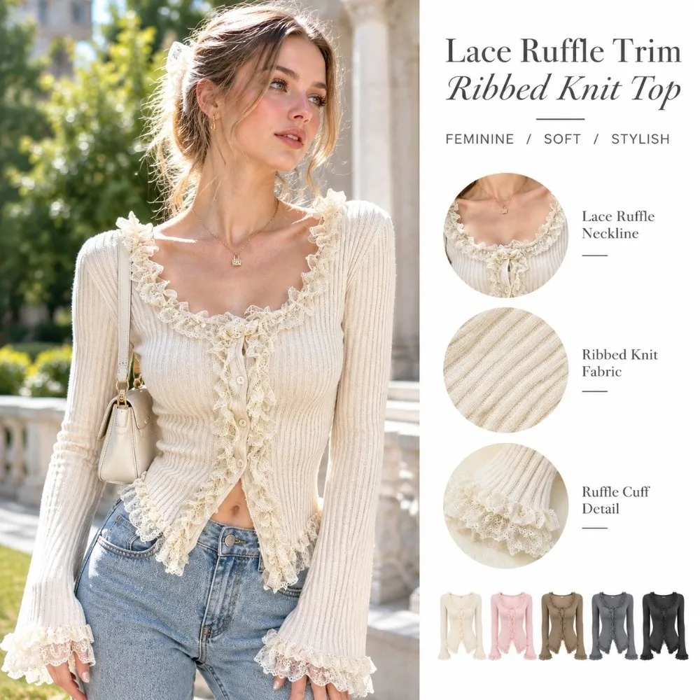 Solid Color Ribbed Knit Top Ruffle Trim Slim Fit Lace Ruffle Blouse Button Down Front Ribbed Texture Button Down Sweater