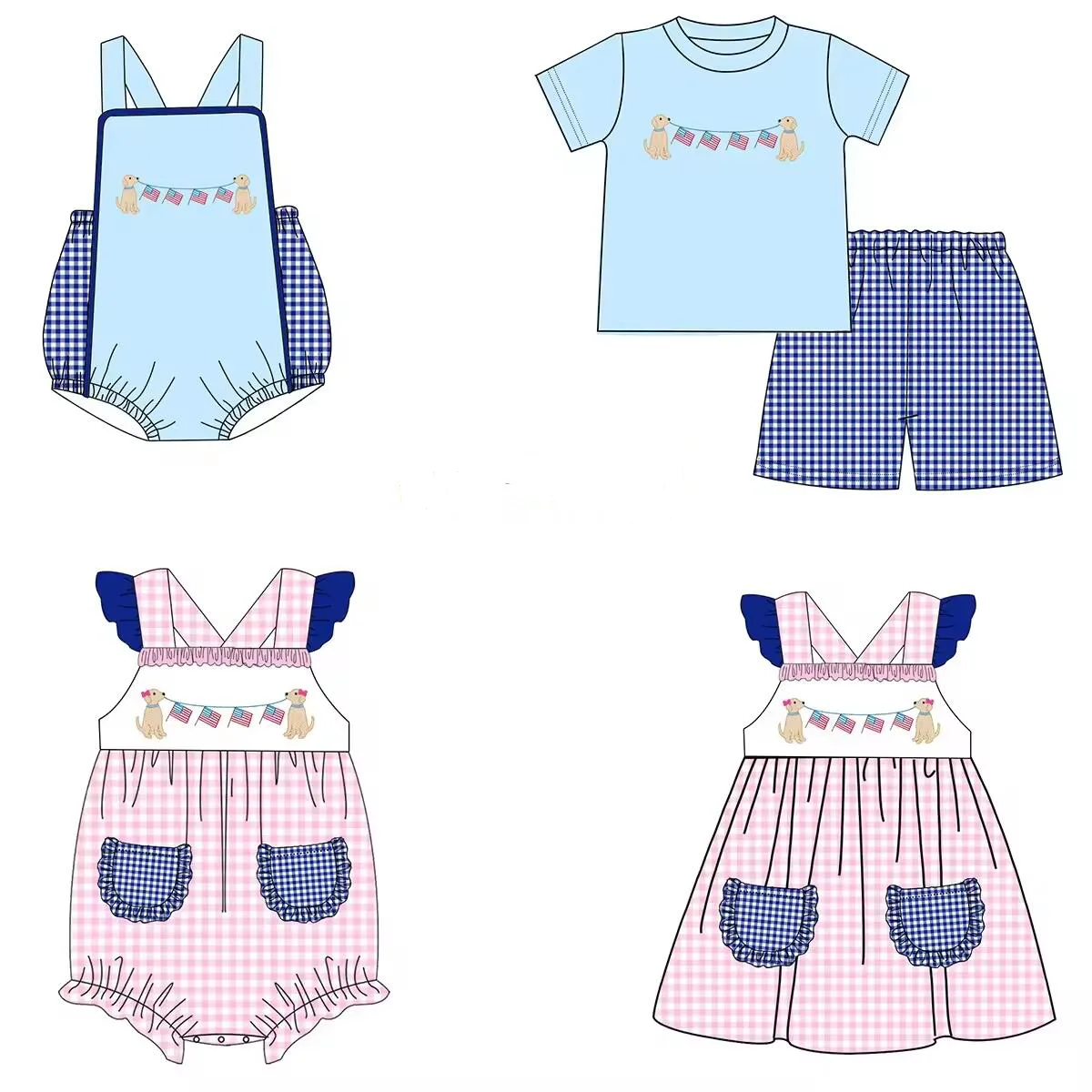 

July 4th boutique children's set pearl dog flag print shorts lace girls boys plaid shorts set baby romper