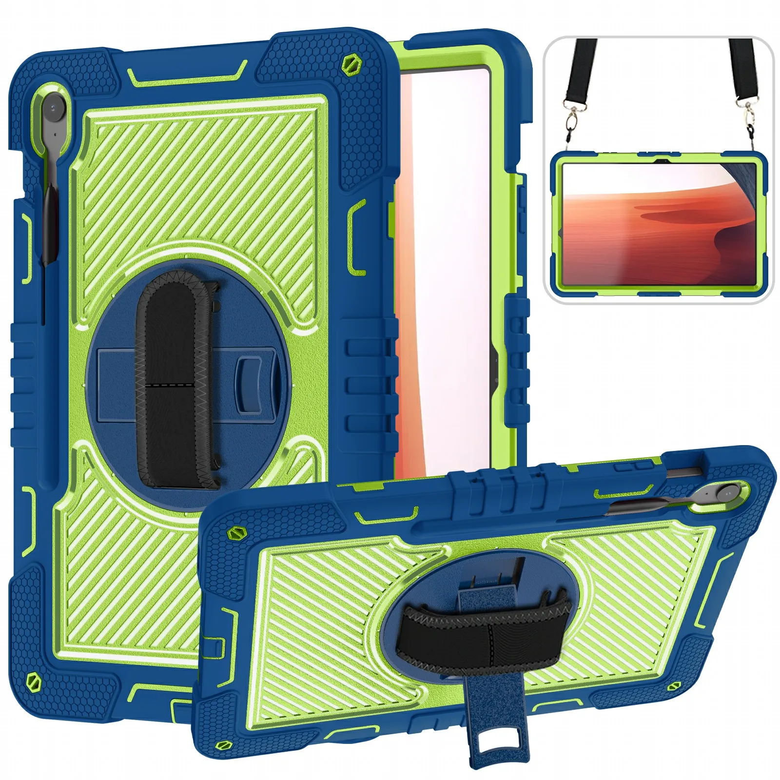 

For Samsung Galaxy Tab S10 FE+ Tablet Case Silicone+PC Shockproof Cover with Kickstand Shoulder Strap - Navy Blue + Yellow Green
