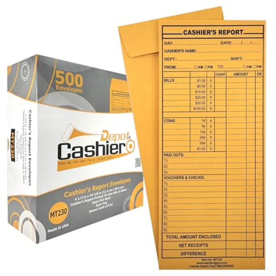 

Конверт для отчетов кассира Cashier Depot - MT230, 4 1/2" x 10 3/8", прочный, 24 фунта, плотная бумага. Коричневая крафт-бумага с клеевым клапаном (счетная)