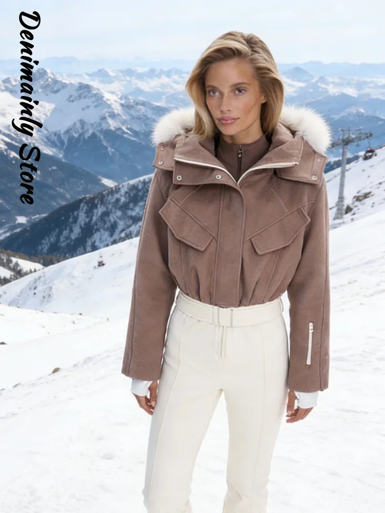 

Модный черный лыжный комбинезон из искусственного меха в стиле пэчворк, женский лыжный комбинезон с воротником-стойкой на молнии, тонкие брюки с карманами, цельный костюм, 2025 зимняя женская лыжная одежда