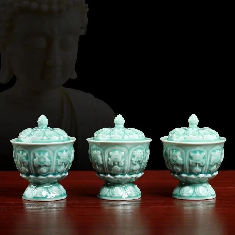 3pcs Ceramic Auspicious Water Supply Cup Household Chinese Style Offering Cup Holy Water Cup Buddhist Hall Decoration Ornaments