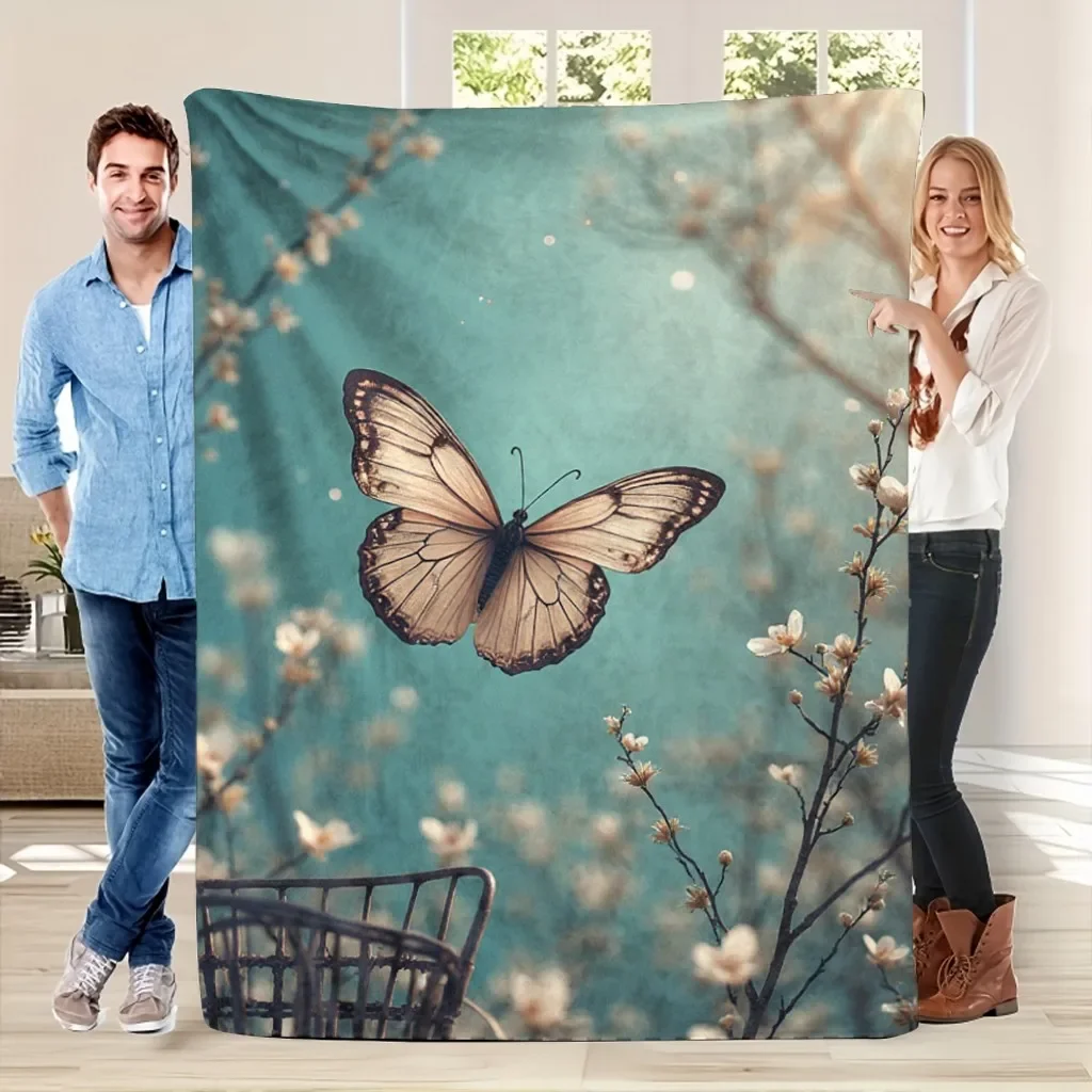 1PC Turquoise Blue & Golden Butterfly Print Plush Fleece Blanket - Soft All-Season Luxury Throw for Bed, Sofa, Travel - Turquois