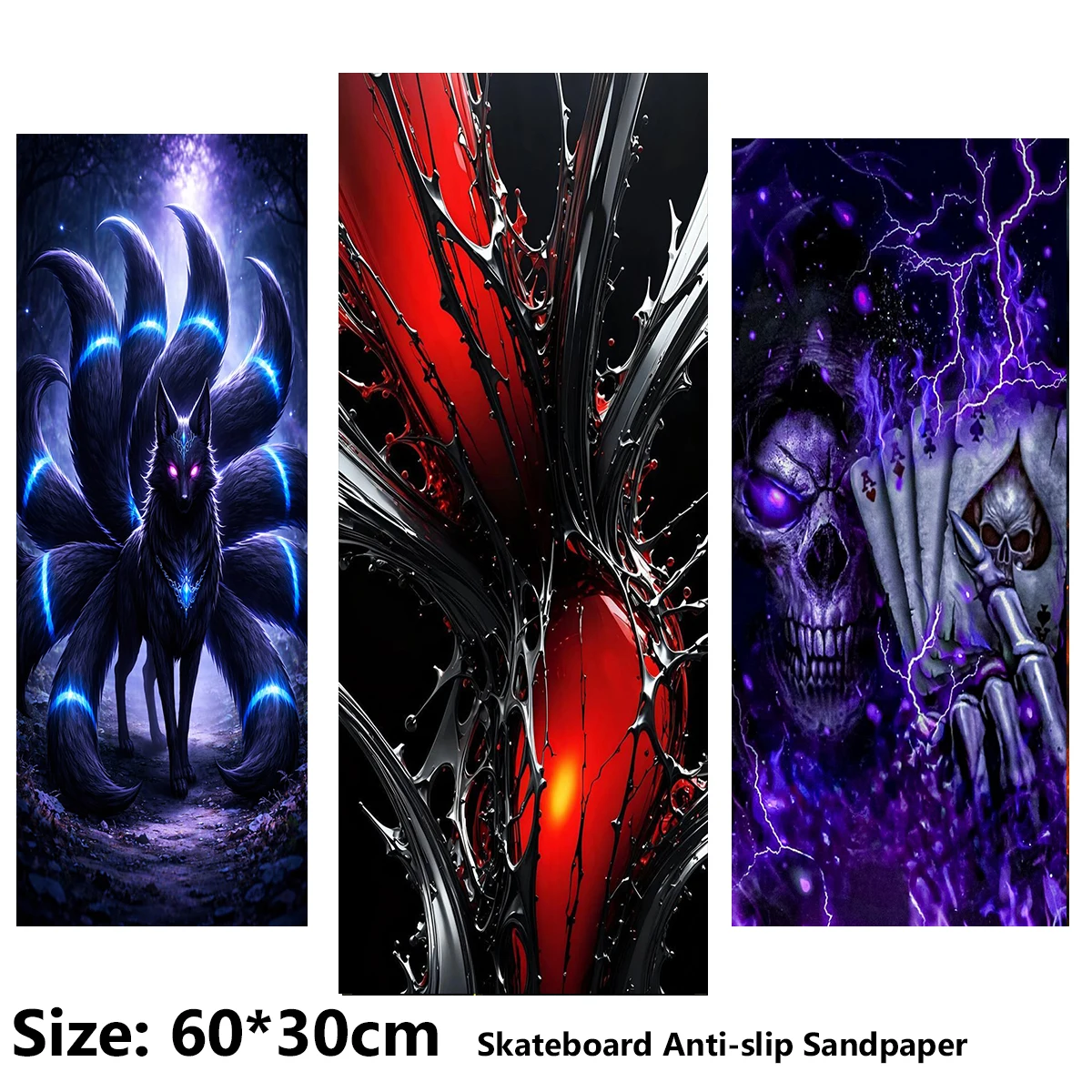 Electric Scooter Anti-slip Sticker Sandpaper Skateboard Grip Tape Sheet 60*30cm Nine-tailed Skull Poker Pattern