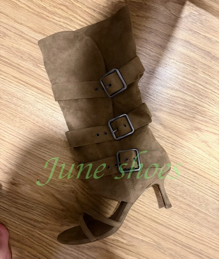 Women Vintage Suede Buckle Cutout Open Toe Boots Stiletto High Heel Mid Calf Boots Western Cowboy Hollow Out Summer Sandal Boots