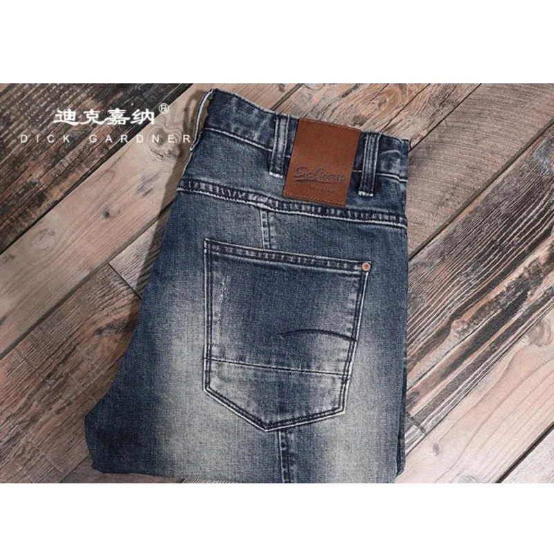 

2025 autumn fashion Splicing retro blue slim fit jeans men's motorcycle style nostalgic washed small leg pants