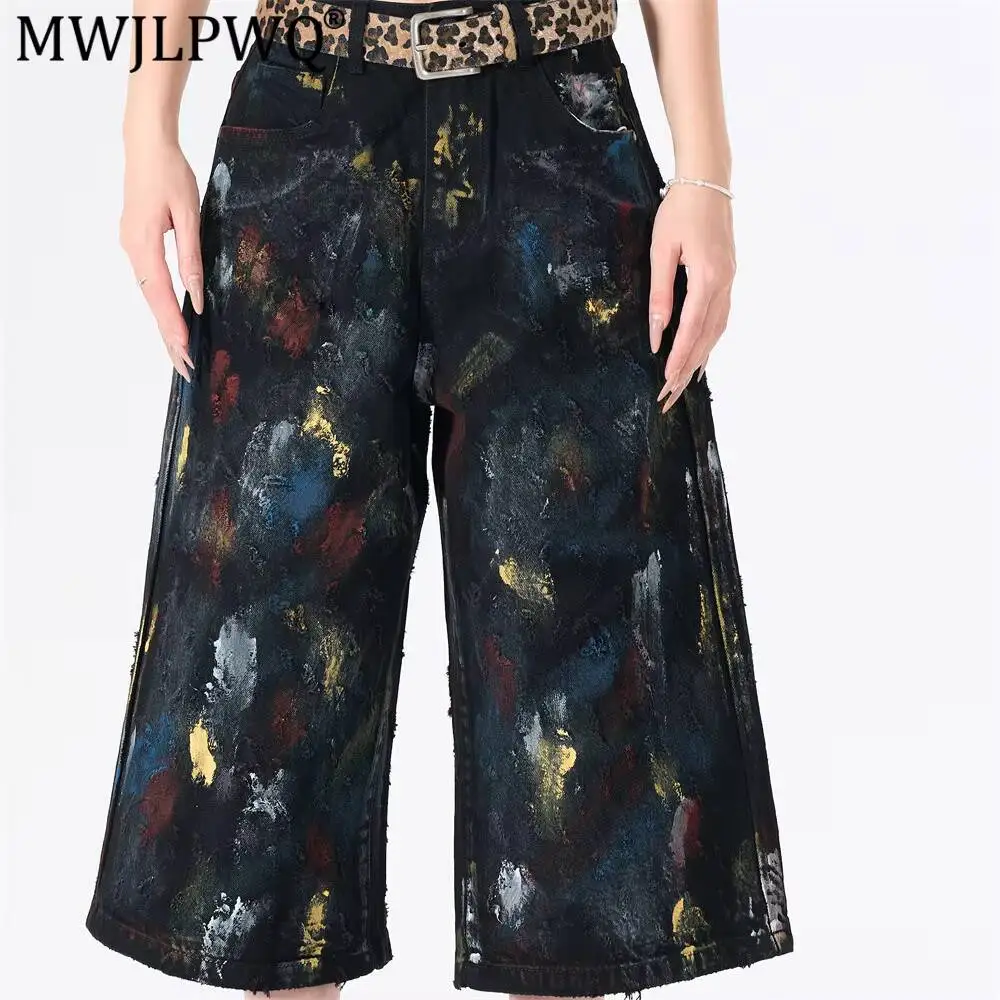 MWJLPWQ Paint-Splattered Graffiti Denim Cropped Pants Men Summer Heavy-Duty Distressed Vintage Tie-Dye Niche Loose Shorts 17416