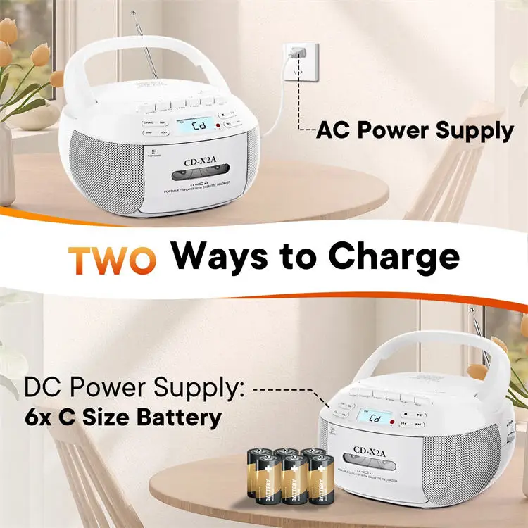 CD Player Boombox Cassette Combo with MP3 AM FM Radio Remote Control Tape Recording LCD Display Home Kids Gift DC Power Source