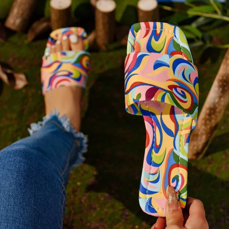 Women Print Flower Color Slippers Flats Flip Flops Summer Beach Dress Sandals Designer New Casual Slides Zapatillas Mujer