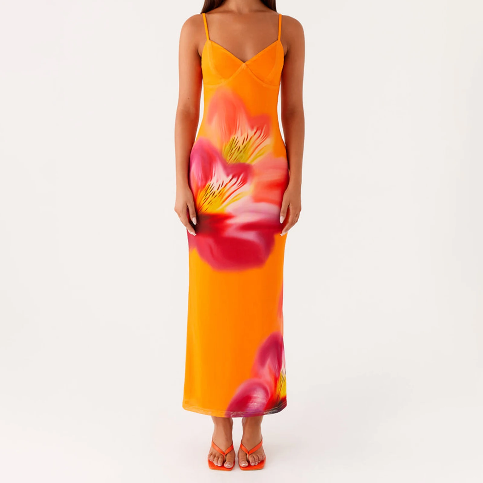 Długa sukienka damska Cami bez rękawów Sukienka z kwiatowym nadrukiem na wakacje na plaży Letnia impreza Codzienne noszenie Aktywność na świeżym powietrzu Streetwear