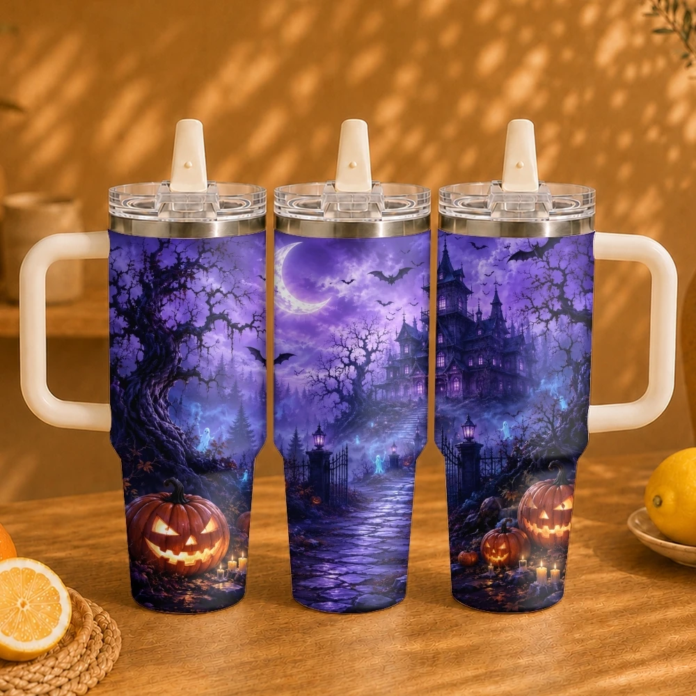 Haunted Pumpkin Manor Vacuum Flasks 40oz Thermal Tumbler with Handle Stainless Steel Vacuum Insulated Water Portable Mug Cup