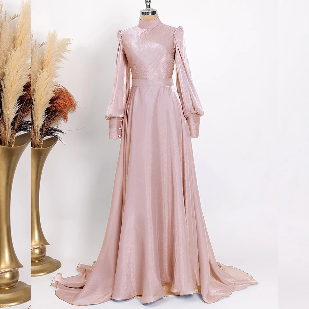 

Elegant Evening Dresses for Muslim High Neck Long Sleeve Party Gown with Pleat Button Wedding Guest Prom Dresses Customized