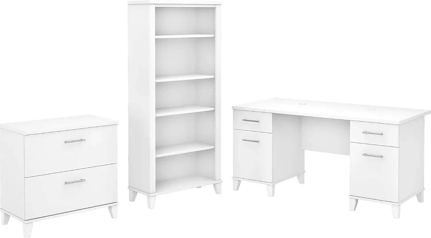 60-Inch W Office Desk w/Lateral File Cabinet and 5-Shelf Bookcase White