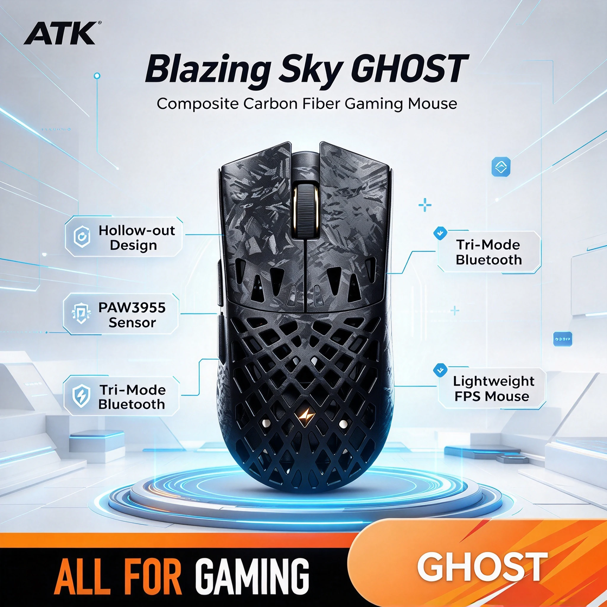 ATK Blazing Sky GHOST Plus Composite Carbon Fibre Mouse Hollow-out Wireless Bluetooth Gaming Mouse Paw3955 Lightweight Gamer FPS