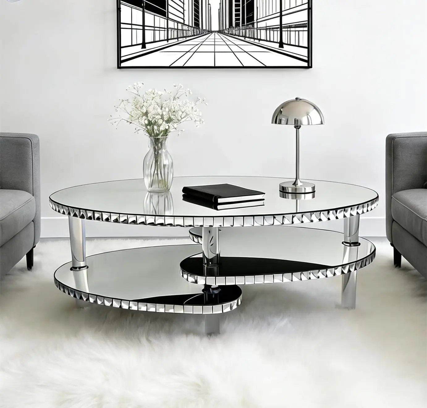 

Modern Silver Mirror Coffee Table for Living Room Luxury 43" Oval Glass Coffee Tables with Crystal Trim and Acrylic, Customized