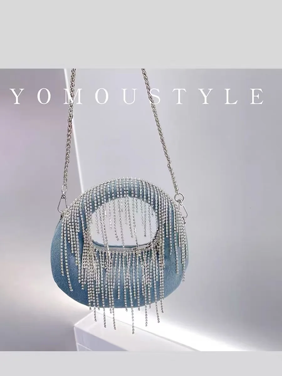 Fashion Blue Denim Hobo Bag Women\'s Handbag Luxury Glitter Diamond Tassel Evening Bag Wedding Party Clutch Purse Shoulder Bag