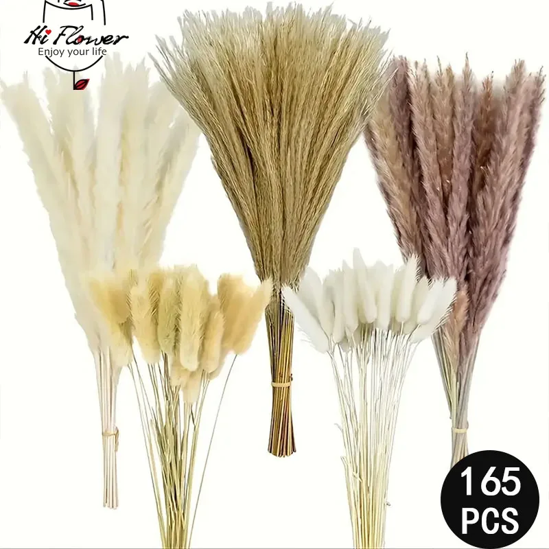 165PCS Pampas Grass Dried Flowers Boho Farmhouse Country Wedding Home Room Decor Bouquet Bunny Tail Grass DIY Artificial Flowers