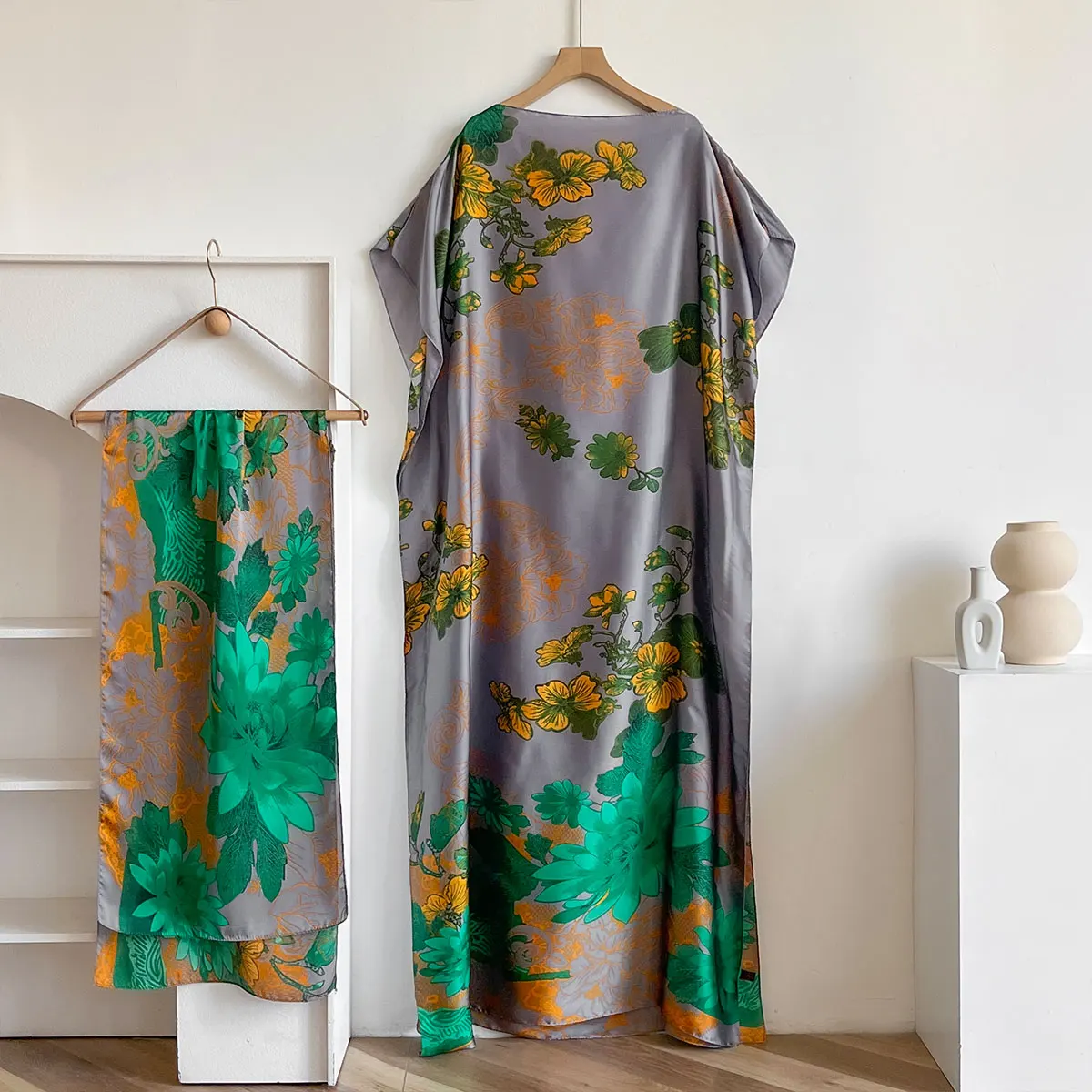 Summer Fashion African Dresses For Women Elegant Printed Silk Muslim Lady Long Hijab Kaftan Dress Sun Protection Kuwait Abaya