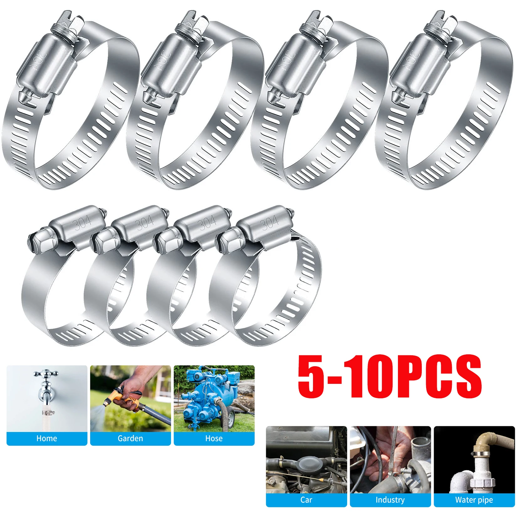 Stainless Steel Hose Clamp 5/10PCS Adjustable 6 to 152mm Assortment Kit Worm Gear Metal Fuel Line Clamp for Plumbing Automotive