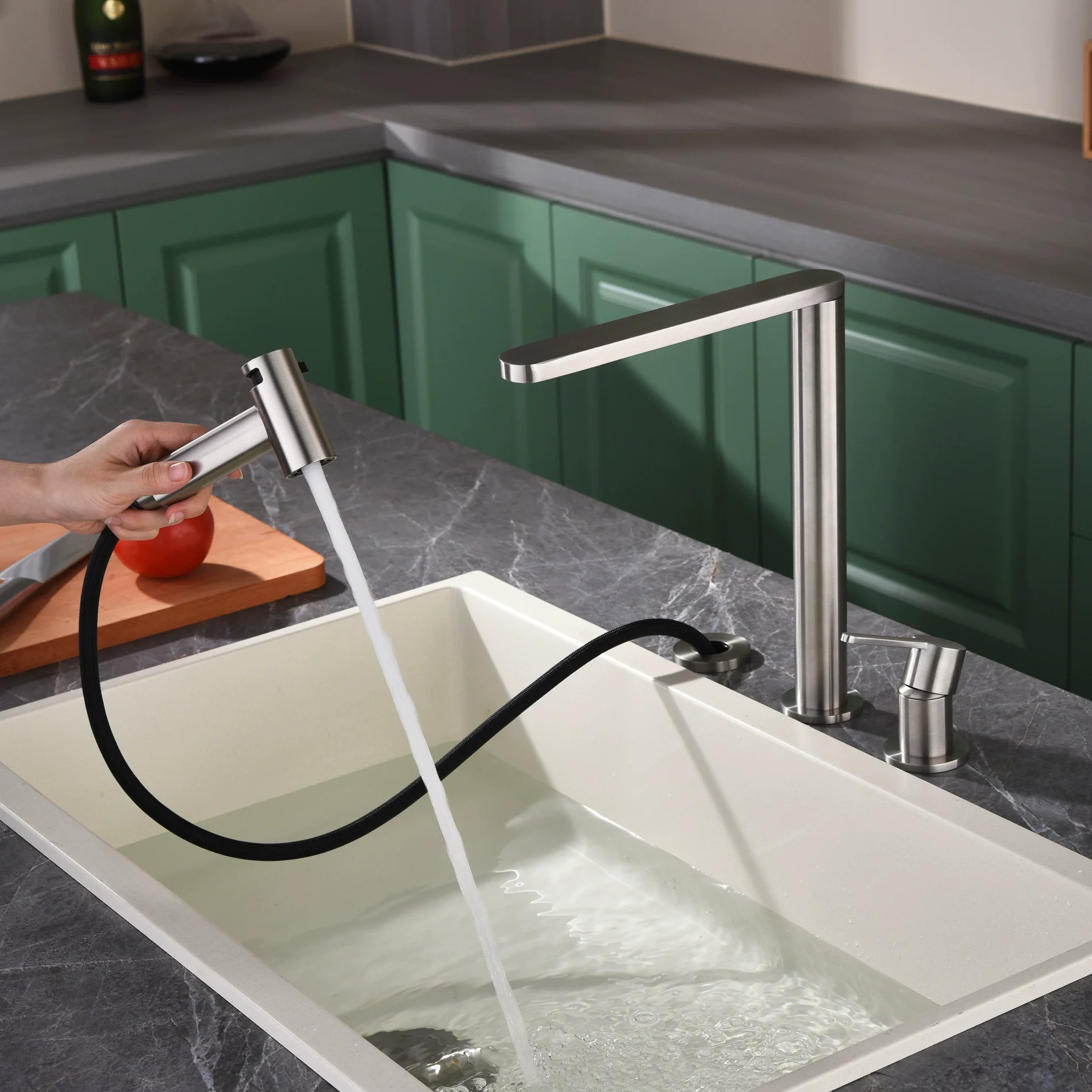 Brushed Nickel Kitchen Faucet with Hand shower Head 3 Holes Pot Filler Faucet Tap Hot and Cold Deck Mount Sink Faucet Tap Spout