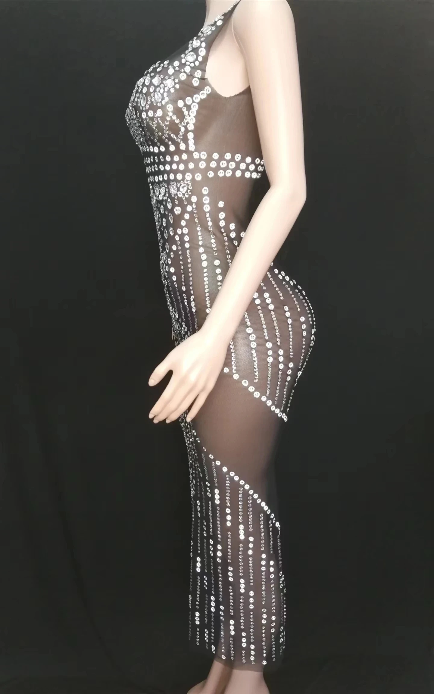 Robe Longue Noire Transparente en Fibre de Maille, Tenue de Soirée, d'Anniversaire, de Scène, Sexy