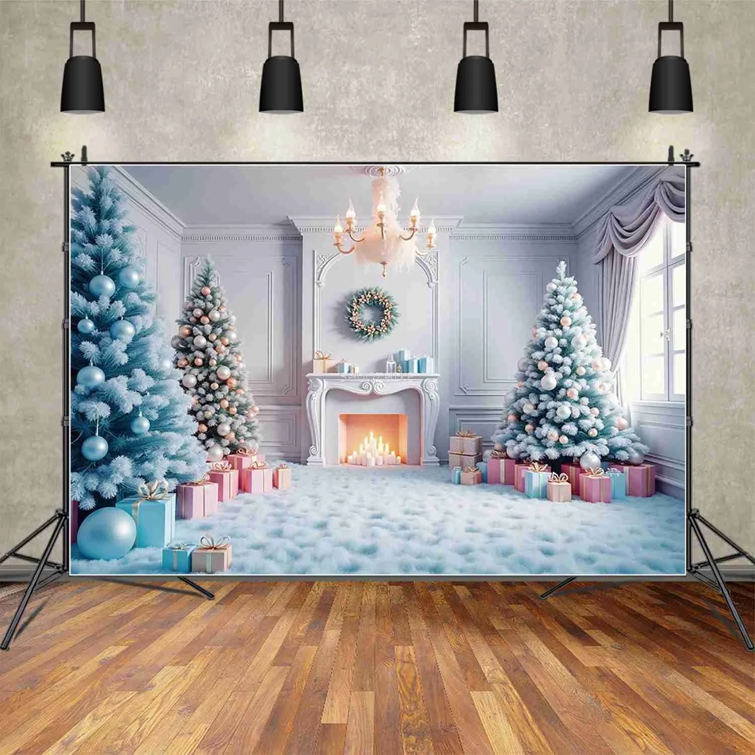 Pink Christmas Background Photography Balls Trees Fireplace Photo Backdrop Children's Studio Photocall Accessories
