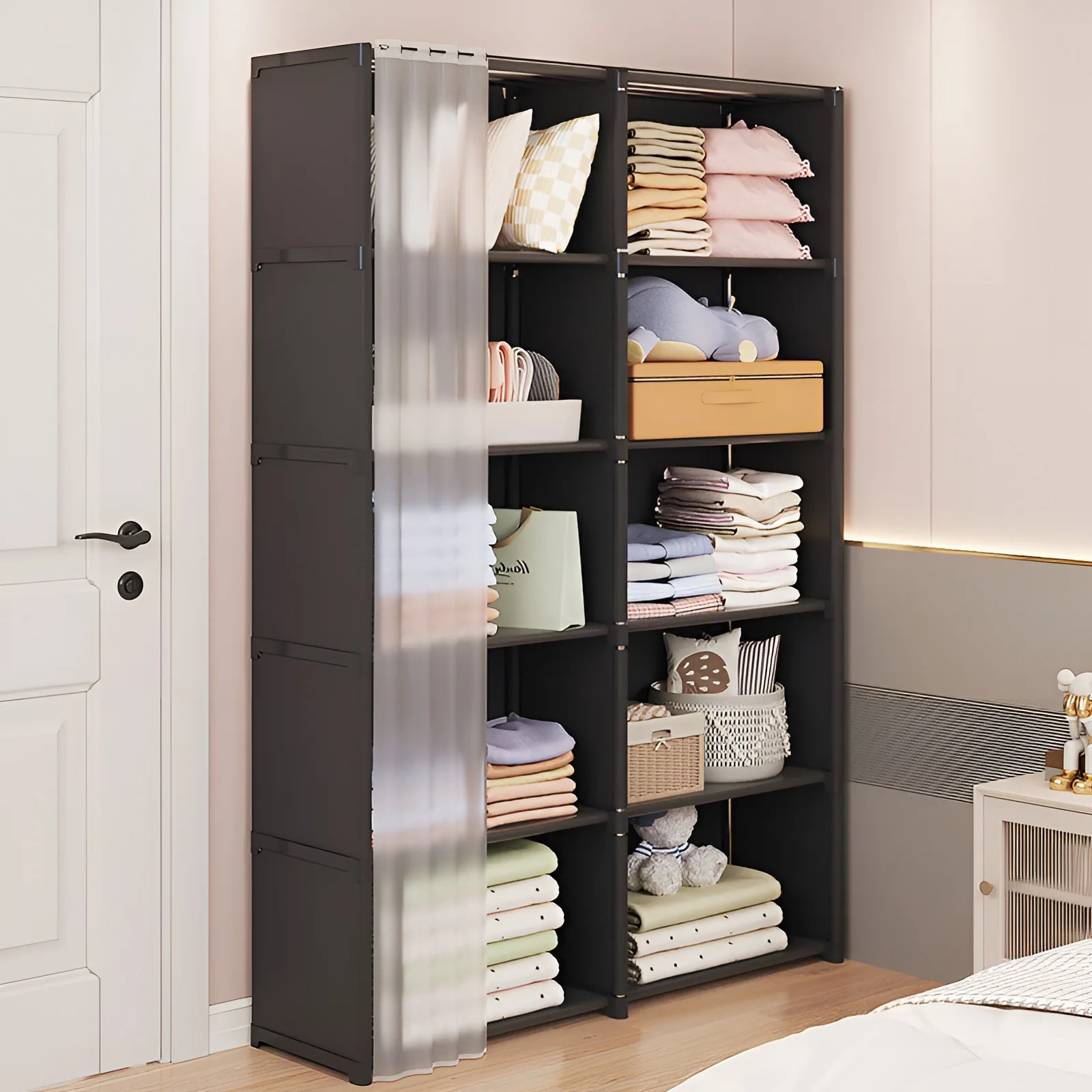 6-Layer Bedroom Clothes Closet Storage Rack Wardrobe with Curtain – Dustproof Organizer for Quilts, Clothing Blankets Book Shoes