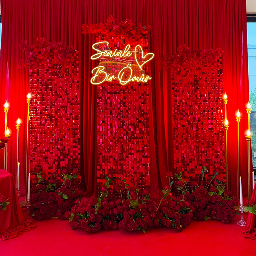 Red Shimmer Wall Backdrop Panels 12/18/24pcs Red Square Sequin Panel for Wedding New Year Christmas Birthday Party Decor