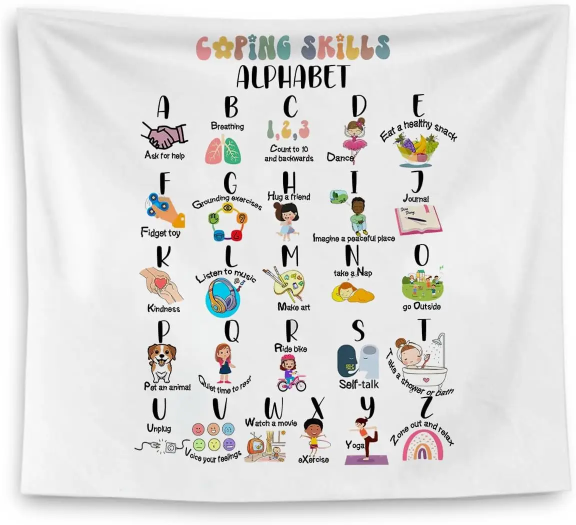 Coping Skills Alphabet for Kids, Mental Health Coping Skills Tapestry Wall Hanging for Classroom Nursery Kids Room Playroom