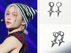 2024 Korean Wave New Felix Same Style Stainless Steel Hollow Five pointed Star Cross Earrings Fashion Accessories Fan Gift
