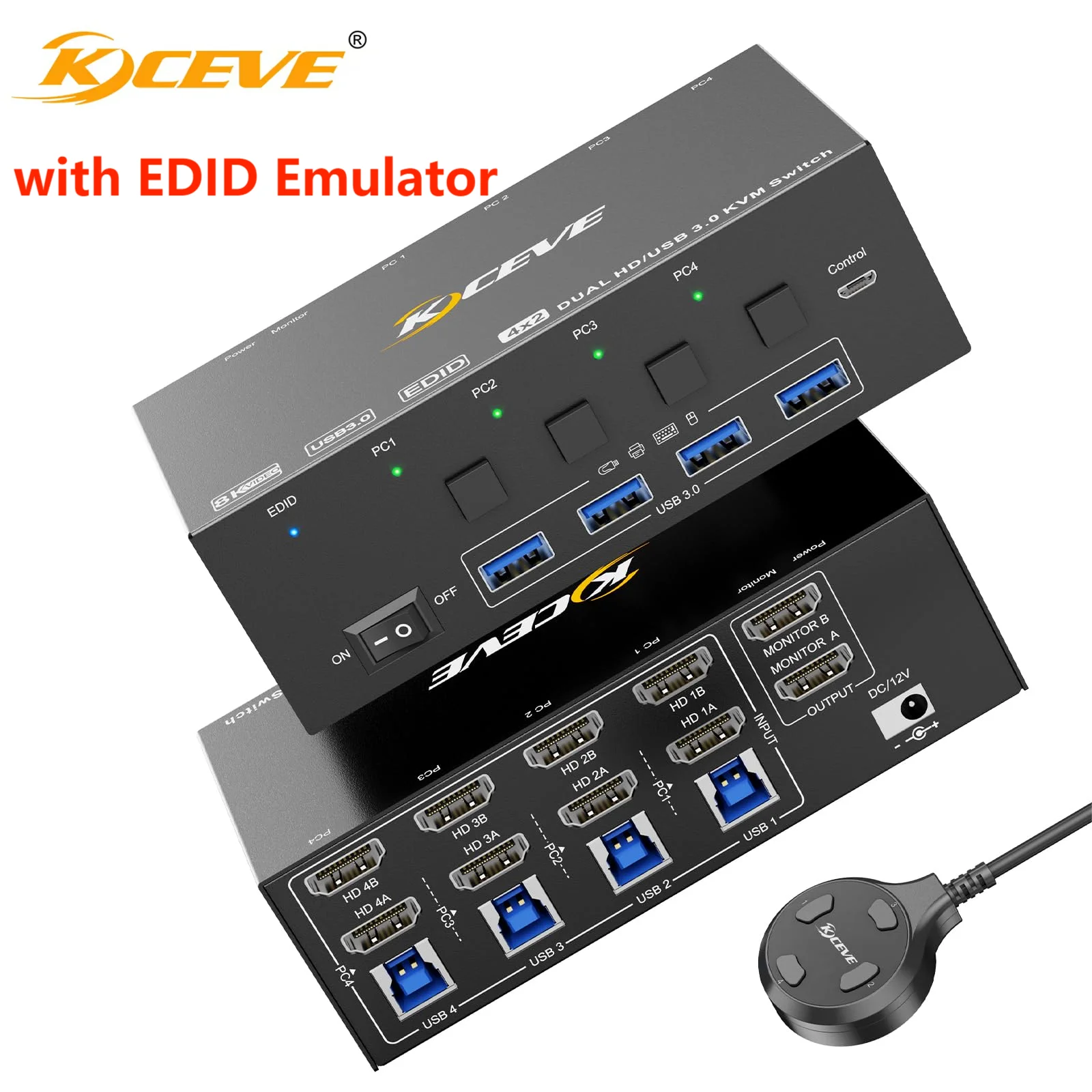 

8K HDMI KVM Switch 2 Monitors 4 Computers, KCEVE USB 3.0 KVM Switcher with EDID Emulator for 4 PC Share Mouse Keyboard Monitor